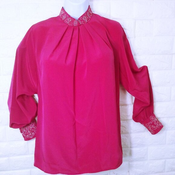 Vintage 80s Gailord High-Neck Pleated Blouse Top (8) Embroidered Metallic Cuffs - Picture 1 of 10